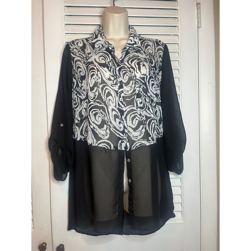 Status by Chenault Womens Black White Swirl Print Sheer Roll Tab Tunic Top S
